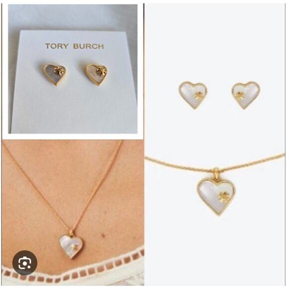 NEW Tory Burch Mother of Pearl Heart Earrings & Necklace Set 18K Gold Plated - Picture 1 of 7